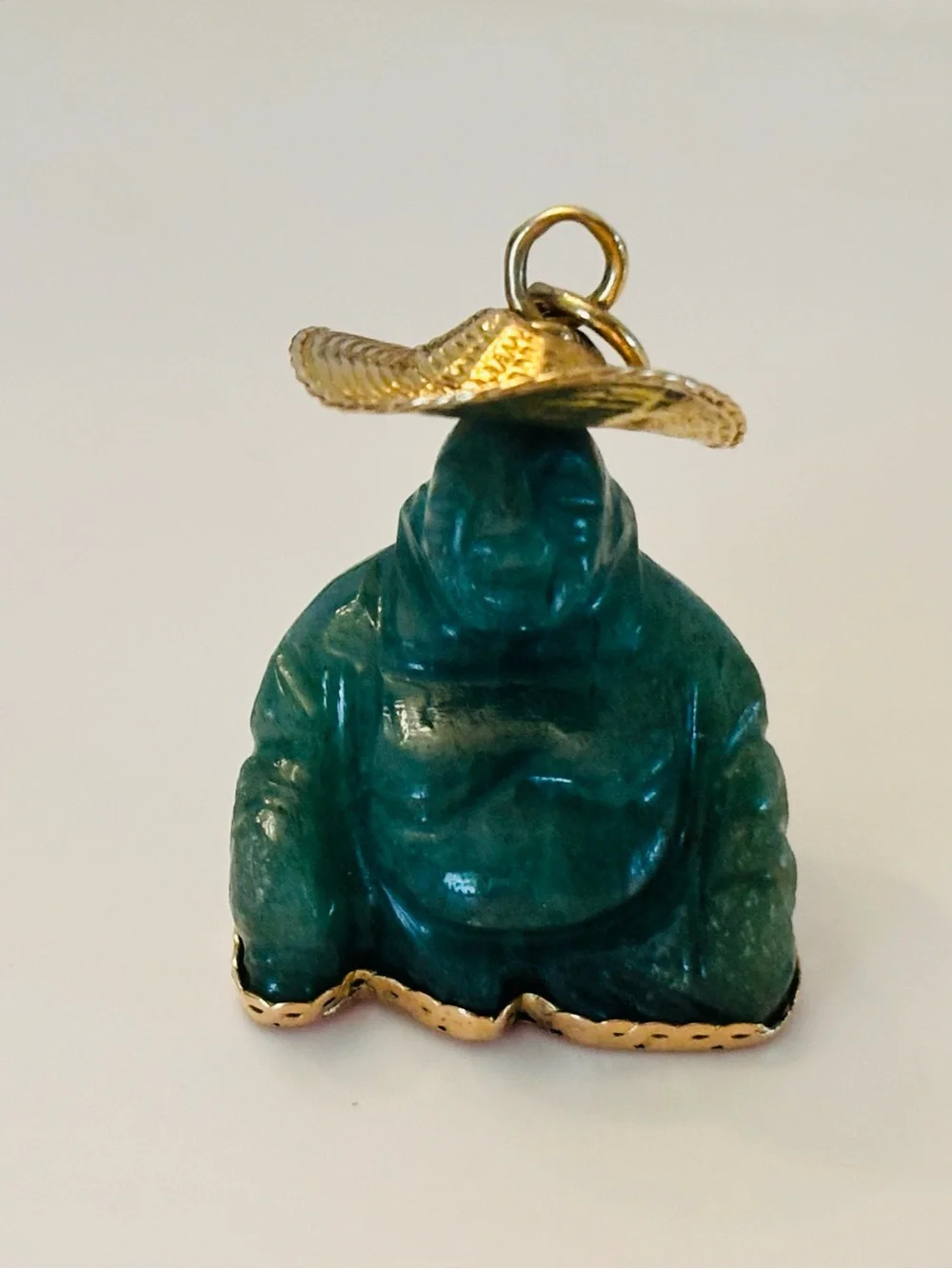 Vintage Green Jade Buddha Pendant with Gold Base & Hat